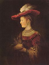 Rembrandt: Saskia van Uylenburgh im Profil, in reichem Kostüm, 1633/34–1642, von Rembrandt van Rijn, Öl auf Holz, Gemäldegalerie Alte Meister, Kassel (Quelle: Wikimedia)