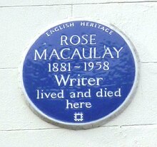 The blue plaque on Hinde House at 11–14 Hinde Street where Macaulay lived from 1941 until her death[5][6]