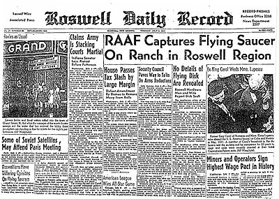 Roswell Daily Record, July 8, 1947, announcing the "capture" of a "flying saucer"