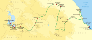 Route of Cortes' inland progress 1519-1521 Ruta de Cortes.svg