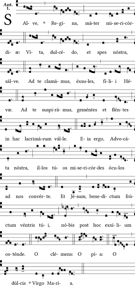 The Salve Regina in solemn tone, Gregorian chant notation