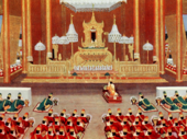 Painting of the Burmese royal throne in the shape of a palin Saya Chone's "Royal Audience".png