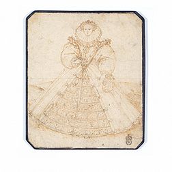 Probablement une des versions des dessins commandés par la Reine Élisabeth en 1584 pour son nouveau Grand Sceau d'Angleterre Une autre version a finalement été choisie (V&A.)