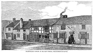 Shakespeare's birthplace as it appeared in 1847 before restoration. Engraved by W. J. Linton after a drawing by Edward Duncan. Shakespeare's house in Henley Street, Stratford-upon-Avon - ILN 1847.jpg