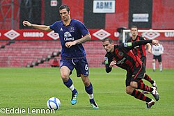 Duffy (left) in action for Everton against Christy Fagan in a pre-season friendly away at Bohemians in 2011. Shane Duffy Bohemians V Everton (17 of 51).jpg