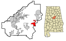 Obszary włączone i nieposiadające osobowości prawnej w hrabstwie Shelby Alabama Wilsonville Highlighted.svg