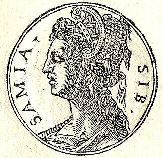 Sibylla-Samia was the priestess presiding over the Apollonian oracle near Hera's temple on the Isle of Samos, a Greek island. Published by Guillaume Rouillein in 1553. Sibylla-Samia.jpg