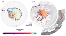 On average, climate change has lowered the thickness of land ice with every year, and reduced the extent of sea ice cover. Slater 2021 global ice loss.png