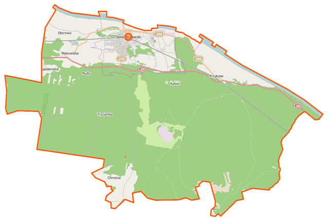 Mapa konturowa gminy Solec Kujawski, u góry nieco na lewo znajduje się punkt z opisem „Kościół Najświętszego Serca Pana Jezusa w Solcu Kujawskim”