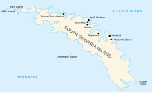 Historical and modern settlements of South Georgia Island South georgia Islands map-en.svg