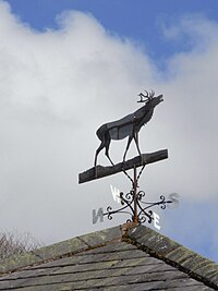 Stag wind-vane atop Diana Lodge (now Simonsbath House) the former hunting-box of the Earls Fortescue. The metal stag received a rifle bullet through the chest from Stan Curtis, the Fortescue bailiff, during a target-practice session with the young Fortescue boys on the opposite side of the valley.[23]