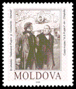 Stamati y Pushkin en Chisinau.  Sello postal de Moldavia, 1999