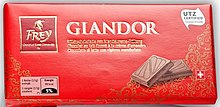 A chocolate bar with a Swiss flag certifying its Swiss production Swiss chocolate bar "Giandor" (cropped).jpg