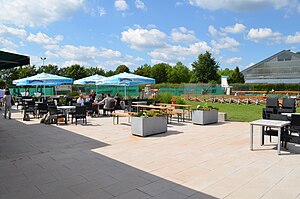 Clubheimterrasse mit Teil der Anlage im Hintergrund