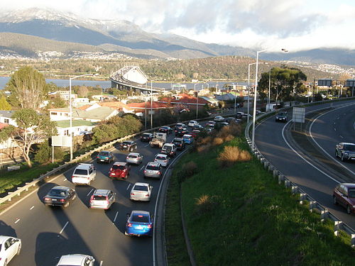 The Tasman Highway at Montagu bay, with the Tasman Bridge and Mount Wellington in the background