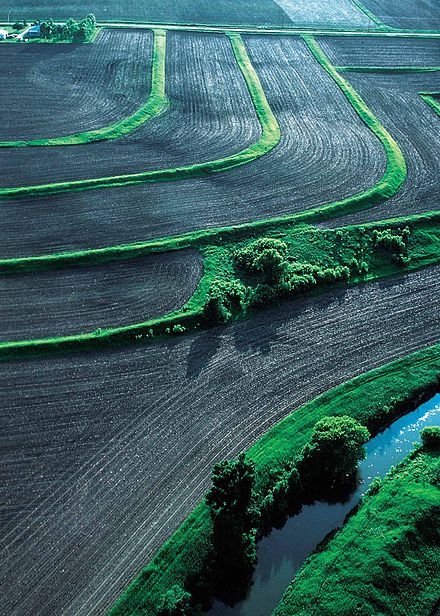 Terraces, conservation tillage and conservation buffers save soil and improve water quality on this farm in Woodbury County in northwest Iowa, United States