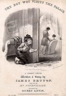 The words at the top are "The Boy What Visits the Palace". This is above a drawing of Jones listening at a door; Albert and Victoria are in the next room. Below the image are the words "A comic song, written & sung by James Bruton. Sung also by Mr Fitzwilliam, arranged by Henry Clifton."