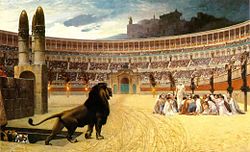 Colored painting showing a lion and captured Christians in the Colosseum