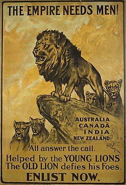 A poster urging men from countries of the British Empire to enlist The Empire Needs Men WWI.jpg