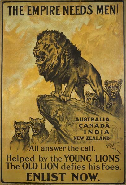 The Parliamentary Recruiting Committee produced this First World War poster. Designed by Arthur Wardle, the poster urges men from the Dominions of the