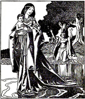 Howard Pyle's illustration for The Story of the Champions of the Round Table (1905): "The Lady Nymue beareth away Launcelot into the Lakes." The Lady Nymue beareth away Launcelot into the Lakes.png