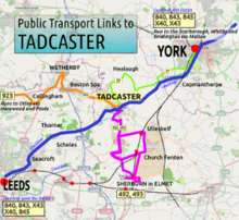 A small map of public transport routes to/from Tadcaster in March 2014