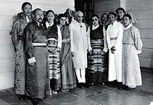 The 1950 Tibetan Delegation to India met with Indian Prime Minister Nehru at his residence in New Delhi. Front row (left to right): Tsecha Thubten Gyalpo, Pema Yudon Shakabpa (wife of Tsepon Shakabpa), Indira Gandhi, Prime Minister Jawaharlal Nehru, Tsering Dolma (sister of the 14th Dalai Lama of Tibet), Tsepon Wangchuk Deden Shakabpa, Depon Phuntsok Tashi Takla (husband of Tsering Dolma). Back row left is Dzasa Jigme Taring. Tibetan Delegation in India in 1950.jpg