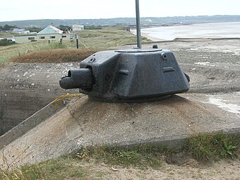 Tobruk protecting the entrance to the bunker that now houses the Channel Islands Military Museum. This turret from a Renault R35 was originally employed on a Tobruk at Saint Aubin's Fort, Jersey.