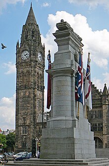 The Rochdale Cenotaph, also by Lutyens, with the tower of Rochdale Town Hall in the background Town Hall and Cenotaph, Rochdale.jpg