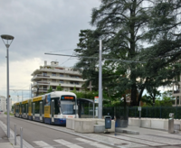Bombardier Cityrunner n°881 des TPG sur la ligne 17 de tramway, au terminus Annemasse-Parc Montessuit (côté français) en mai 2023.