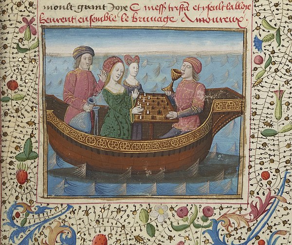 Tristan and Iseult playing chess while drinking the love potion aboard a ship (miniature, 1470)