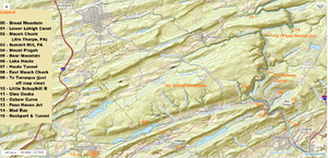 USGS reliéf - Broad Mountain and Terrains it dominuje západně od Lehigh Gorge a severně od Tamaqua, Nesquehoning a Jim Thorpe, PA.png