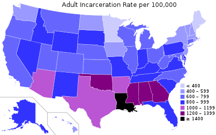 A map of U.S. states by adult incarceration rate per 100,000 adult population. State prisons and local jails. Excludes federal prisoners.