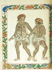Spanish depiction of the tattoos (patik) of the Visayan Pintados ("the painted ones") of the Philippines in the Boxer Codex (c.1590), one of the earliest depictions of native Austronesian tattoos by European explorers Visayans 1.png