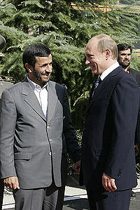 Ahmadinejad with then president of Russia Vladimir Putin in Tehran on 16 October 2007. Vladimir Putin in Iran 16-17 October 2007-2.jpg