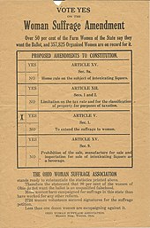 A broadside promoting the referendum on the Ohio ballot from the Ohio Woman Suffrage Association in 1914 Vote yes on suffrage in Ohio 1914.jpg