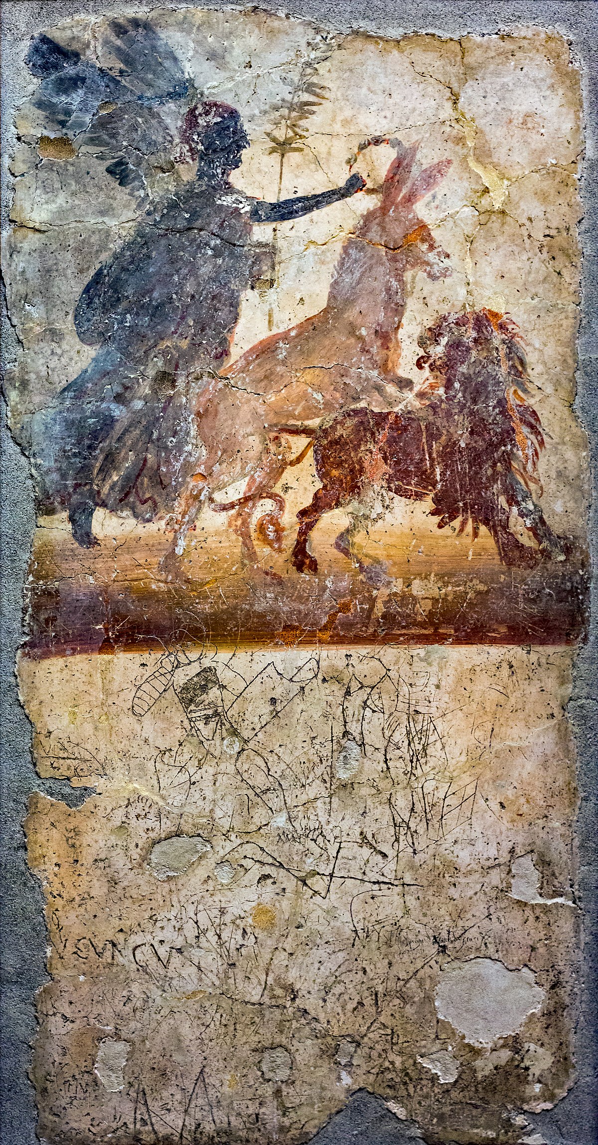 File:Wall painting - Nike crowning a donkey which penetrates a lion Pompeii (VII 6 34-35) - Napoli MAN 27683.jpg - Wikimedia Commons