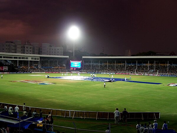 Rain disrupts the 2006 Champions Trophy final under lights at the ground