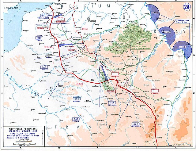 The French, British, Belgian and American lines of attack, during the Hundred Days Offensive