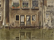 Huizen aan een gracht te Amsterdam, 1907, aquarel op papier