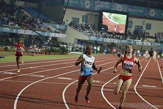 India (bronze) and China (silver) after the finish Women 4x100m Relay Dutee Chand In Action 2017.jpg