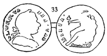 Wood's illustration of Wood 33, with indistinct legends for the tops of the letters along the circumference of the obverse and reverse. Wood 33 Illustration.png