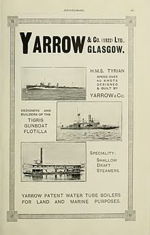 An advertisement for Yarrow & Co. Ltd. in the 1923 Brassey's Naval Annual, featuring the S-class destroyer HMS Tyrian and the Fly-class gunboat Yarrow advertisement Brasseys 1923.jpg