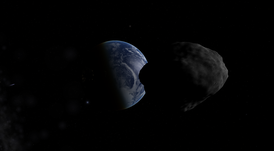 Момент максимального сближения 2014 RC с Землёй. Смоделировано в программе Celestia
