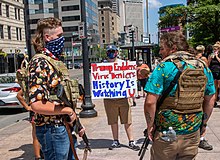 Boogaloo adherents (foreground) at a protest in Columbus, Ohio, July 18, 2020 01IMG 7353 (50131758357).jpg