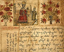 Manuscrit avec trois images en en-tête dont celle du milieu représente un souverain coiffé d'une mitre et un jeune homme également couronné