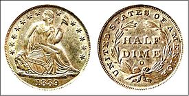 1839-O Seated Liberty half dime with New Orleans mintmark. 1839-O HalfDime.jpg