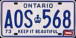 1973 Ontario kenteken A0S♔568 type I.jpg