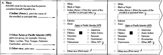 U.S. Census Bureau survey section on race from 1990. Participants were only allowed to indicate one race from a limited set of options. 1990 Census Race.png