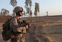 Marines and Sailors with Bravo Company, 1st Bn, 2nd Marines, conduct a security patrol near Camp Leatherneck in Helmand province, Afghanistan, August 23, 2014. 1st Bn, 2nd Marines on patrol Afghanistan 2014.jpg